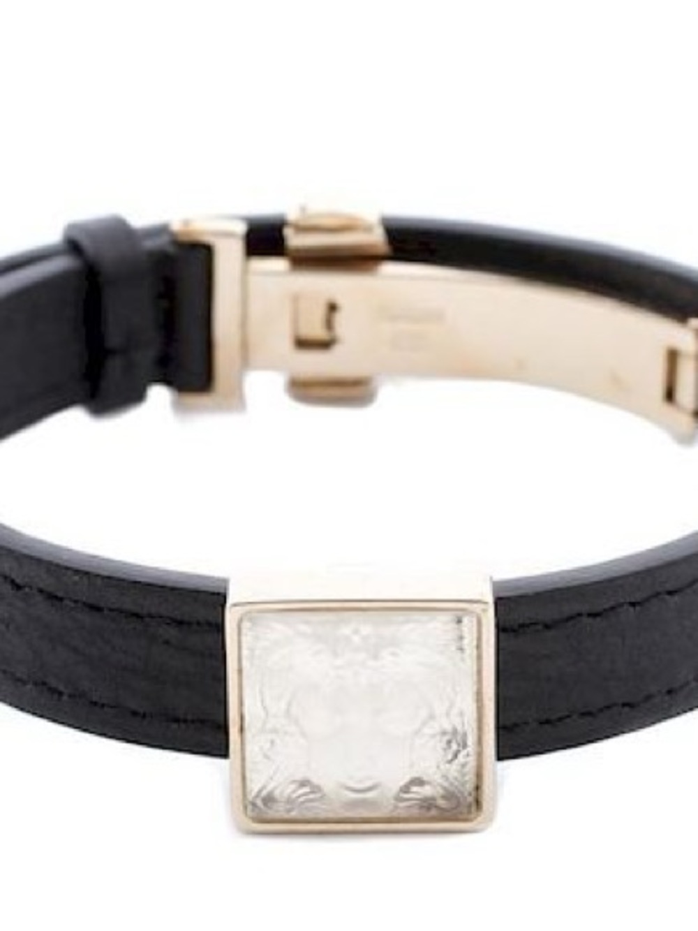 Lalique Black Leather Bracelet with Gold and Frosted Crystal Masque
